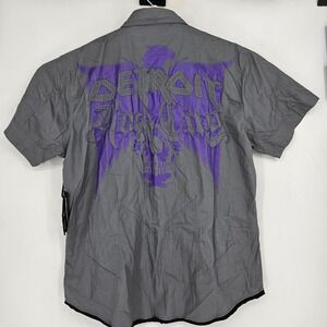 Vtg Blac Label Snap Shirt Mens 3XL Detroit Rock‎ City Emboidered Skull Gray